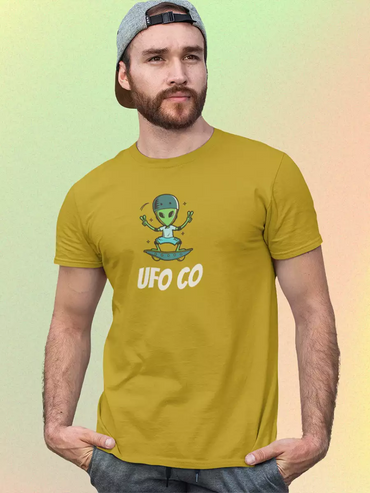 mustard yellow "UFO Co" printed T-shirt for Men