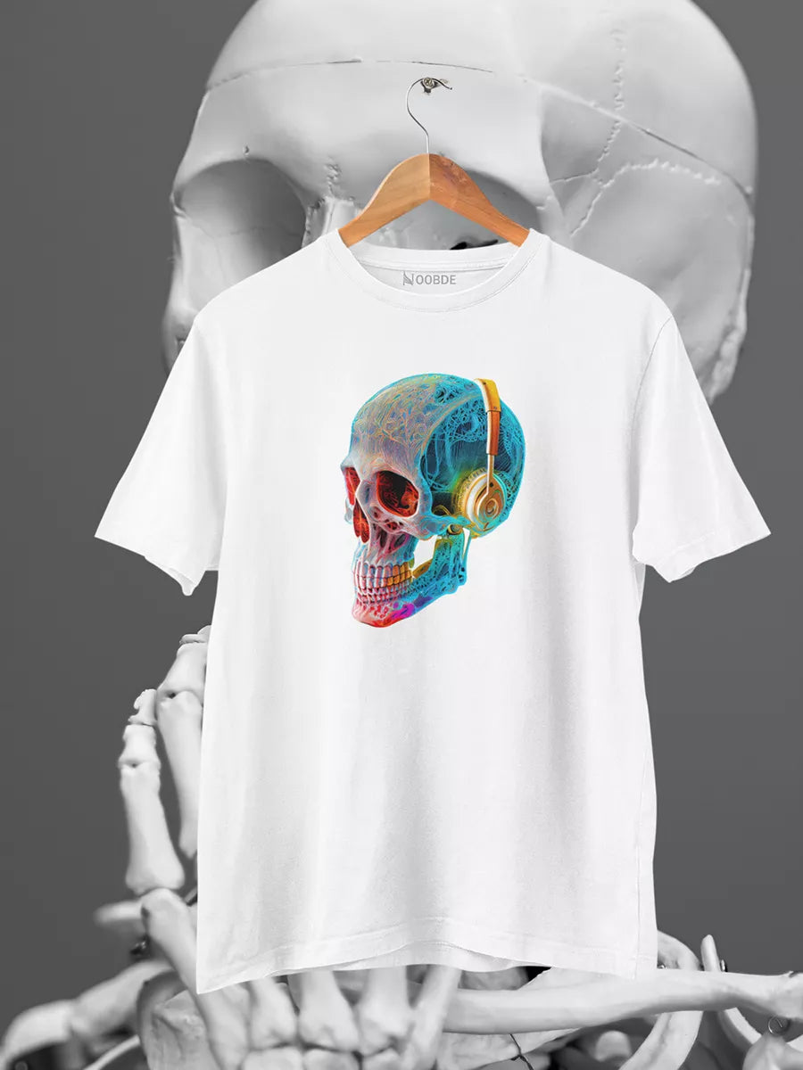 Colorful Skull with Headphones white T-Shirt for Men