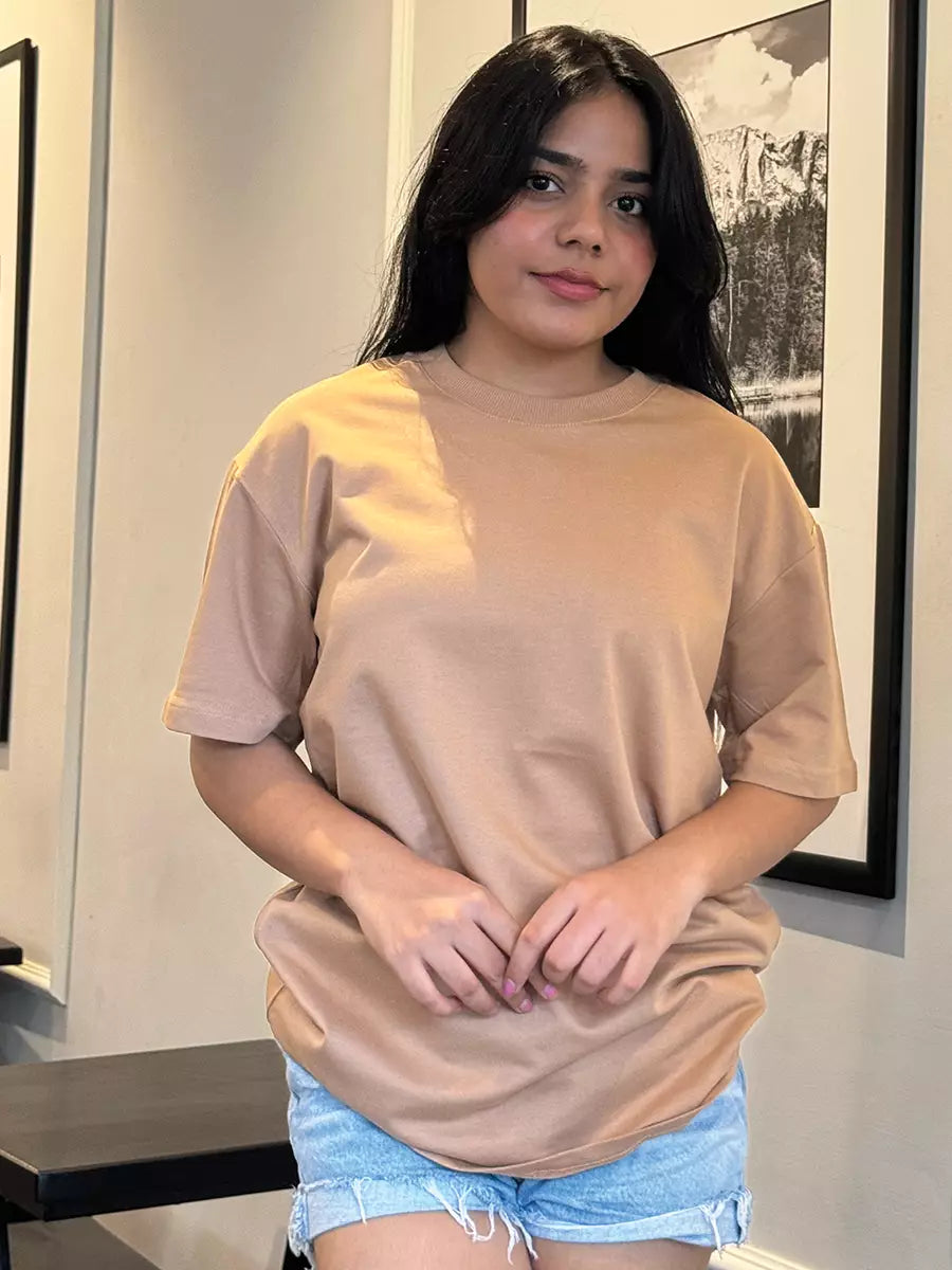 Beige Plain Oversized T-shirt for Women